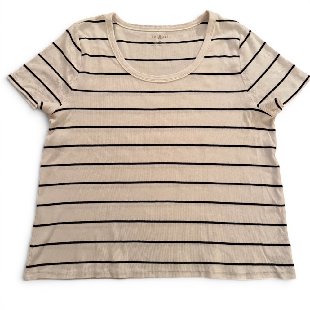 Talbots Womens 3X Ribbed Striped Scoop Neck Short Sleeve Tee White Navy Nautical